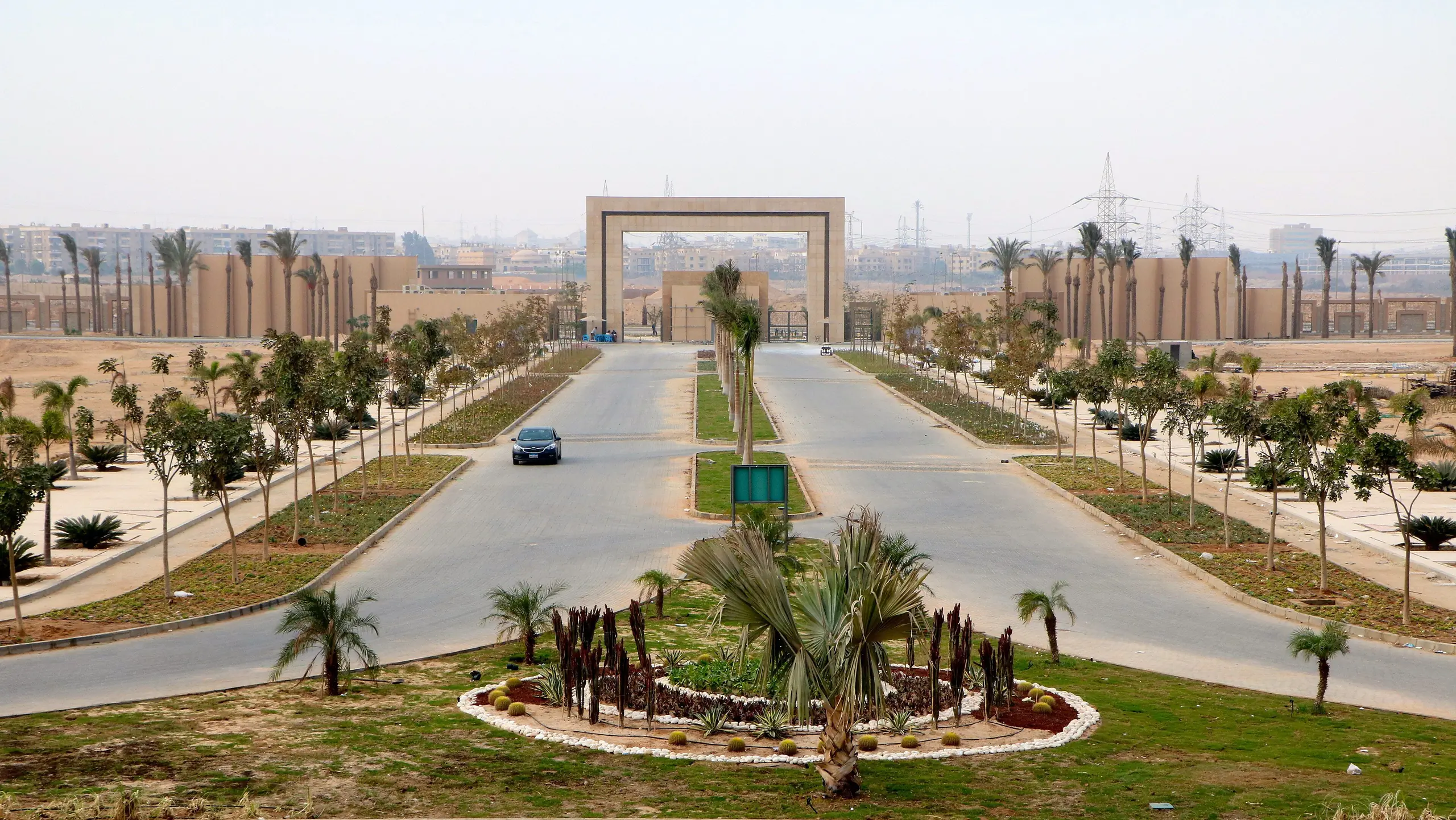 A palm-lined avenue leading to the stone arch of the Zewail City campus gate.